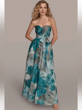 Donna Karan SZ 16 ORGANZA FLORAL STRAPLESS BELT BOW GOWN HUDSON MULTI-Teal NWT